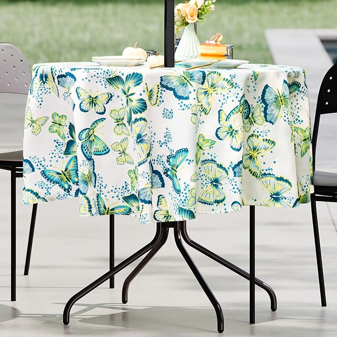UMINEUX 60" Outdoor Round Tablecloth with Umbrella Hole and Zipper | Spring/Summer Waterproof Round Patio Table Cover for Picnic/BBQ/Garden, Green Butterfly