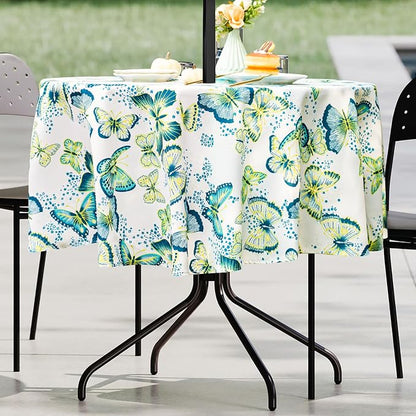 UMINEUX 60" Outdoor Round Tablecloth with Umbrella Hole and Zipper | Spring/Summer Waterproof Round Patio Table Cover for Picnic/BBQ/Garden, Green Butterfly