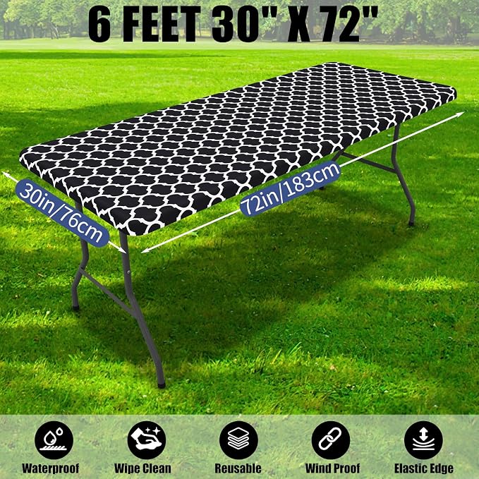 Smiry 2 Pack Rectangle Table Cloth 6 Foot, Waterproof Elastic Fitted Tablecloths, Windproof Washable Polyester Table Cover for Picnic, Camping, Outdoor (Black, 30"x72")