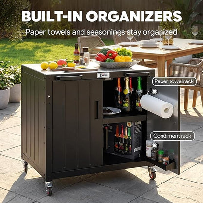 Feasto Outdoor Grill Cart with Storage Cabinet and Stainless Steel Top, 35-Inch Outdoor Grill Station with Door, Modular Kitchen Island for Food Prep and BBQ, Black & Silver