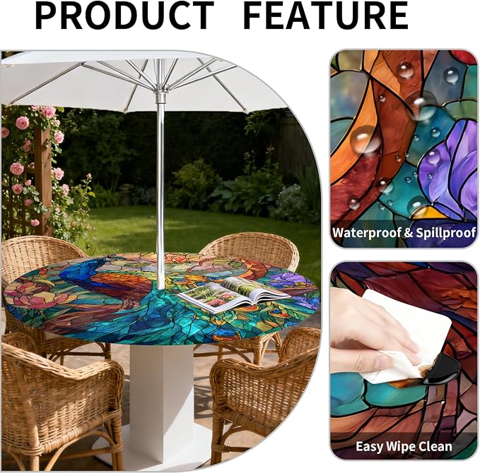 Outdoor Tablecloth with Umbrella Hole and Zipper Fits 45-48" Tables | Waterproof Round Fitted Tablecloth with Elastic Edge, Wipeable Outdoor Table Cover for Patio, Garden, Picnic