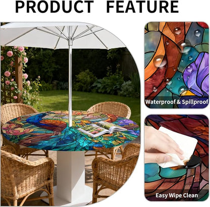 Outdoor Tablecloth with Umbrella Hole and Zipper Fits 32-36" Tables | Waterproof Round Fitted Tablecloth with Elastic Edge, Wipeable Outdoor Table Cover for Patio, Garden, Picnic