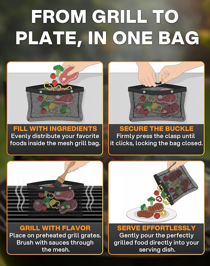 Mesh Grill Bags for Outdoor Grill – Reusable PTFE Non-Stick Grilling Pouch for Easy Cleanup, Grilling Bags for Vegetables, Fish & Smoker Accessories – Dishwasher Safe, 2Pcs