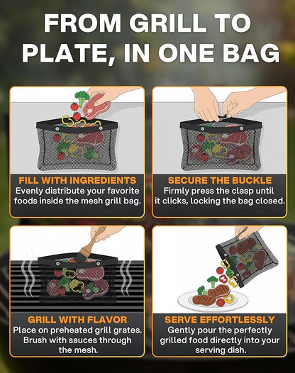 Mesh Grill Bags for Outdoor Grill – Reusable PTFE Non-Stick Grilling Pouch for Easy Cleanup, Grilling Bags for Vegetables, Fish & Smoker Accessories – Dishwasher Safe, 2Pcs