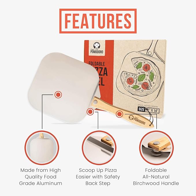 Chef Pomodoro Pizza Peel and Cutter Set, Foldable Handle, 12x14 in | Commercial-grade Aluminum, Foldable Wood Handle; Pizza Spatula/Paddle for Bread & Pastries; Compact for Storage