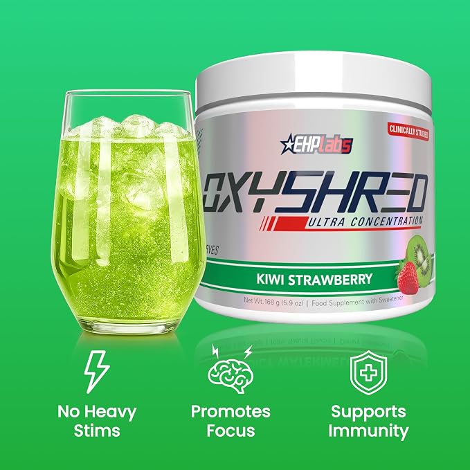 EHP Labs OxyShred Pre Workout Powder - Kiwi Strawberry, 33 Servings | Supports Energy, Focus and Endurance with Acetyl L Carnitine and L Glutamine, Thermogenic Formula, Sugar Free, Zero Jitters