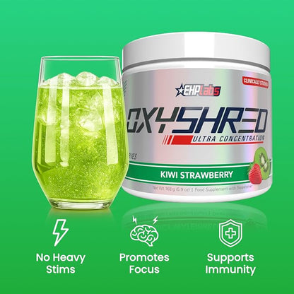 EHP Labs OxyShred Pre Workout Powder - Kiwi Strawberry, 33 Servings | Supports Energy, Focus and Endurance with Acetyl L Carnitine and L Glutamine, Thermogenic Formula, Sugar Free, Zero Jitters