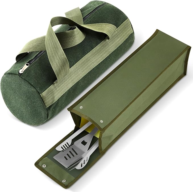 Amylove 2 Pcs Grill Utensil Storage Bag 20" Extra Thick Canvas Barbecue Grill Tool Storage Bag Carry Container Waterproof Zipper Closure, for Outdoor Grilling Camping Hiking Barbecue Accessory(Green)