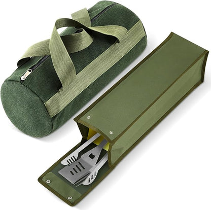 Amylove 2 Pcs Grill Utensil Storage Bag 20" Extra Thick Canvas Barbecue Grill Tool Storage Bag Carry Container Waterproof Zipper Closure, for Outdoor Grilling Camping Hiking Barbecue Accessory(Green)