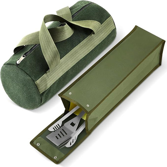 Amylove 2 Pcs Grill Utensil Storage Bag 20" Extra Thick Canvas Barbecue Grill Tool Storage Bag Carry Container Waterproof Zipper Closure, for Outdoor Grilling Camping Hiking Barbecue Accessory(Green)
