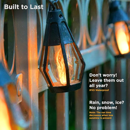 FoxFlame Solar String Lights Outdoor Waterproof, Patented Fire Effect 21 Ft | 10 Flickering LED Bulbs, Solar-Powered Solar Hanging Lights Outdoor for Patios, Porches, Fences and Gardens