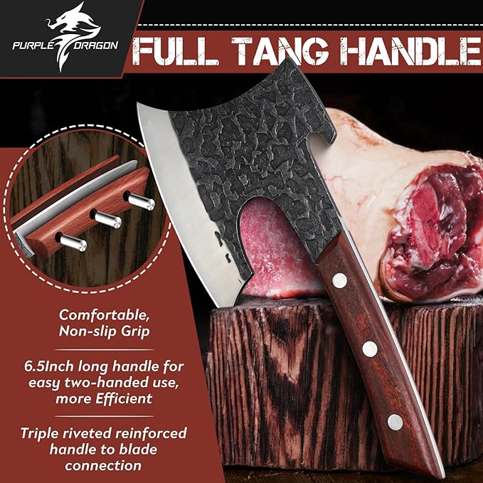 Purple Dragon Butcher Knife Heavy Duty Meat Cleaver - Hand Forged Kitchen Axe for Bone Chopping - Outdoor BBQ and Cooking Christmas Gift for Men and Women