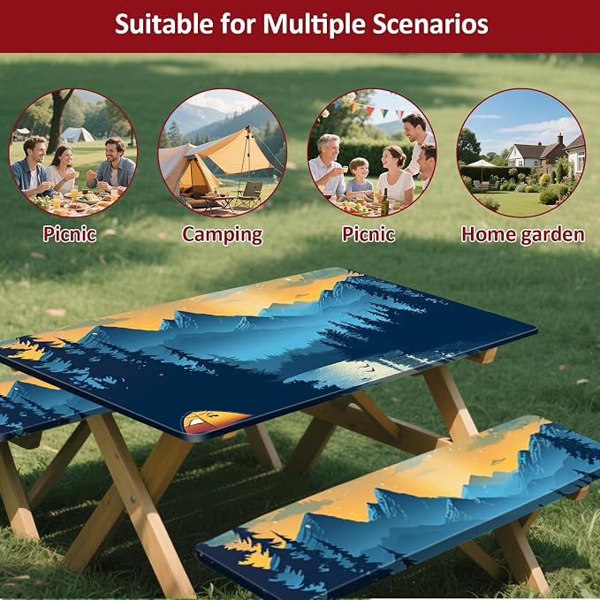 6ft 72in Picnic Table and Bench Cover, 3 Pack, Lakeside Ember | Drawstring Bag, Waterproof Windproof, Elastic Fitted Edges Tablecloth, for Rectangle Table & Seat, Camping Essentials RV Gear