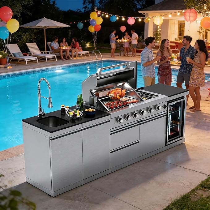 104" Modular Outdoor Kitchen Island, 75,300 BTU 6-Burner 304 Stainless Steel Propane Gas Grill, Prefab BBQ Island Station with Side Burner, Rotisserie Kit, 68L Fridge, Sink & Granite Countertops