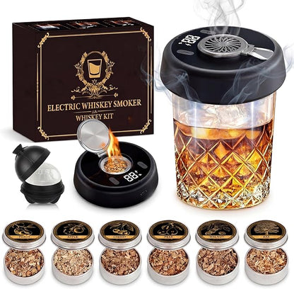 Electric Cocktail Smoker with LED Display – Rechargeable Whiskey Smoke Infuser for Drinks & Food – Includes 6 Wood Chips & Ice Mold – USB Powered Bar Tool for Home Bartenders