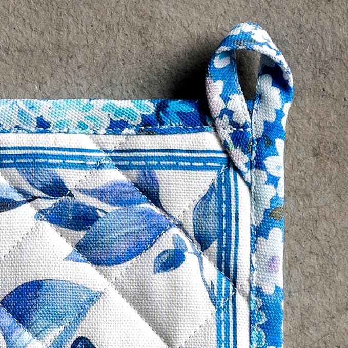 Maison d' Hermine Pot Holders 100% Cotton Heat Resistant Potholders 8" x 8" Hot Pads with Loop BBQ Cooking Baking Hotel Farmhouse Kitchen Handling Hot Pans Spring Summer (Pack of 2, Summer Blues)