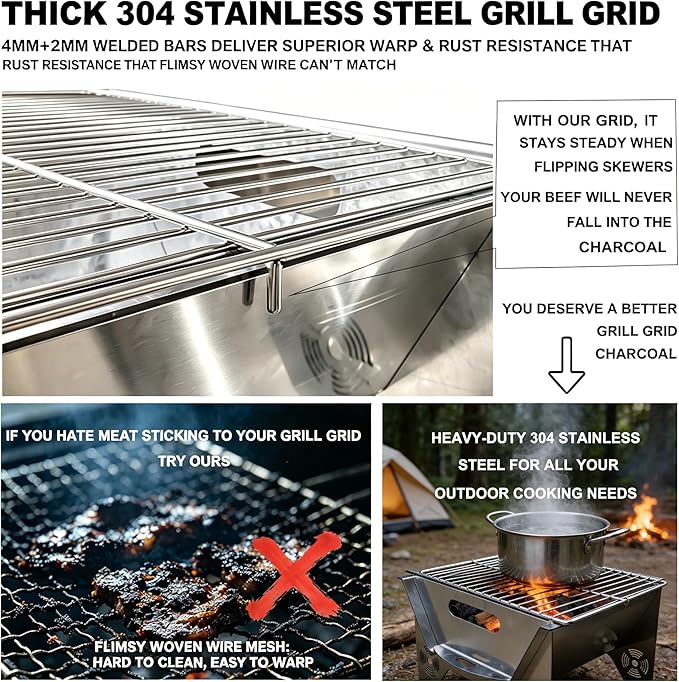 Portable Charcoal Grill for Camping, 2-in-1 Fire Pit with 304 Stainless Steel Grate, Paint-Free Galvanized Steel, Easy Assembly & Storage Bag for Backyard BBQ Picnic