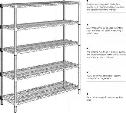 M MZG 3500LBS 59" W 5 Tier Storage Shelves Rack Metal Wire Shelving Unit, Storage Standing Shelf Organizer for Laundry Bathroom Kitchen Pantry Closet Garage, Chrome 17.7" D x 59.1" W x 70.4" H