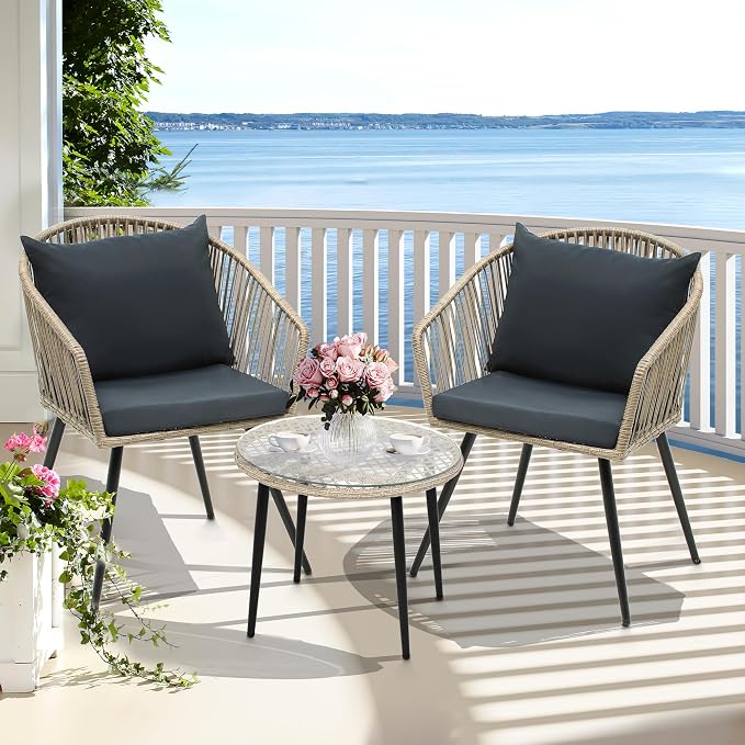YITAHOME 3-Piece Outdoor Patio Furniture Wicker Bistro Set, All-Weather Rattan Conversation Chairs for Backyard, Balcony and Deck with Soft Cushions, Glass Side Table, Gray Rattan