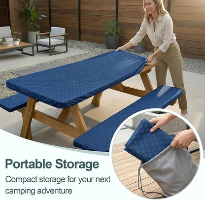 Picnic Table Cover Bench Covers Camping Essentials Tablecloth | Waterproof Vinyl for Outdoor, Windproof Elastic Fitted Edges, RV BBQ Accessories Must Haves, Storage Bag Included