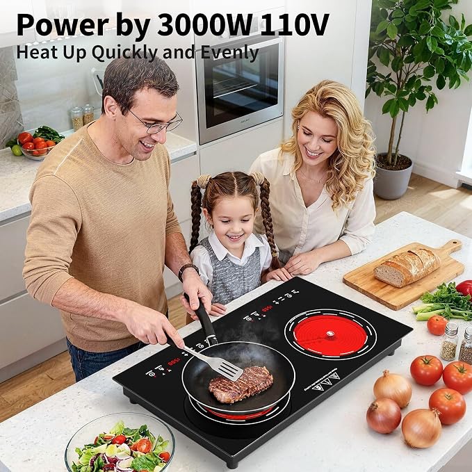 VBGK Electric Cooktop,24 Inch Electric Stove Top 110V 3000W with LED touch Control,8 Power Levels, Kids Lock & 4H Timer,Overheat Protection stove,2 burner cooktop