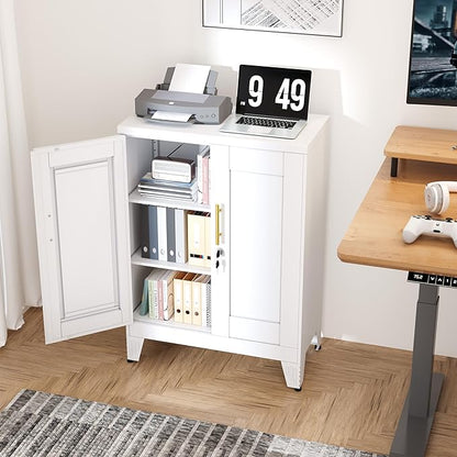 GAIOUS White Metal Pantry Cabinet with Lock(Two Units), Sideboard Buffet Storage Cabient with Doors and 2 Adjustable Shelves, Multifunctional Kitchen Cupboard for Home Office, Buffet Table