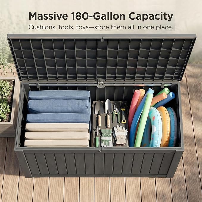 FEFLO 180 Gallon Waterproof Resin Outdoor Storage Box, Lockable & UV Resistant Patio Deck Boxes, Outside Storage for Patio Cushions, Pool Toys, Garden Tools & Package Delivery, Black