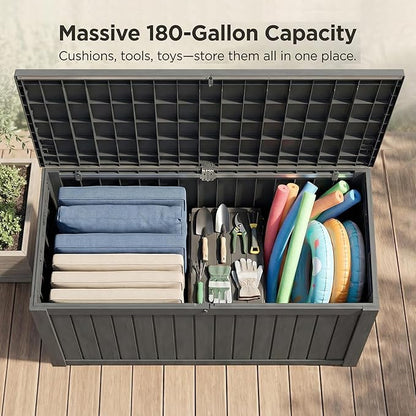 FEFLO 180 Gallon Waterproof Resin Outdoor Storage Box, Lockable & UV Resistant Patio Deck Boxes, Outside Storage for Patio Cushions, Pool Toys, Garden Tools & Package Delivery, Black