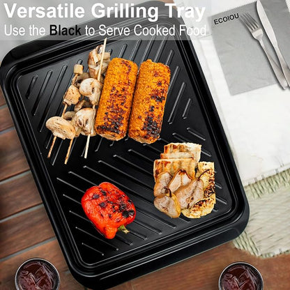 ECOIOU Large Grilling Prep and Serve Trays, 17.3" x 13" BBQ Platters for Raw and Cooked Food, Melamine Serving Trays for Food, Set of 2, Black and Red