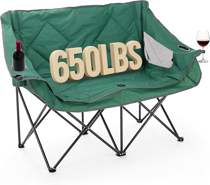 ARROWHEAD OUTDOOR Portable Folding Double Duo Camping Chair Loveseat | 2 Cup & Wine Glass Holder, Carrying Bag, Supports up to 500lbs, Beach, Tailgating, Fishing, Patio, Hunting, Backyard, Picnic