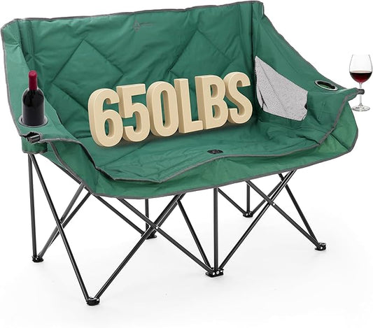 ARROWHEAD OUTDOOR Portable Folding Double Duo Camping Chair Loveseat | 2 Cup & Wine Glass Holder, Carrying Bag, Supports up to 500lbs, Beach, Tailgating, Fishing, Patio, Hunting, Backyard, Picnic