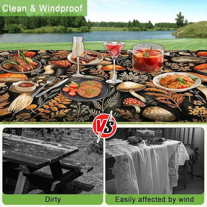 Picnic Table Cover with Bench Covers Elastic Edges, Black Mushroom Vintage Fitted Table Cover, Outdoor Patio Camping Essentials 3PCS, Waterproof Camping Tablecloth with Drawstring Bag 60in