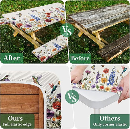 Picnic Table Cover with Bench Covers Elastic Edges, Floral Camper Fitted Table Cover, Outdoor Camping Essentials 72 Inch 3PCS, Waterproof Camping Fitted Tablecloth with Drawstring Bag