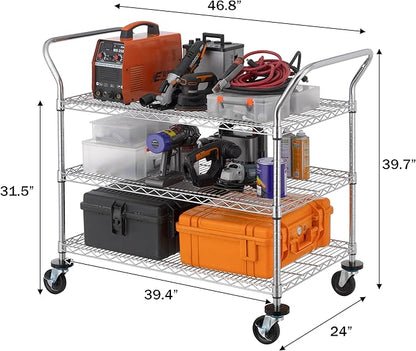 Finnhomy 3-Tier Commercial Grade Rolling Cart, Heavy Duty Utility Cart with Wheels and Handles, Metal Kitchen Carts on Wheels with 600 lbs Capacity, Shelf Size 24" D x 40" W, NSF