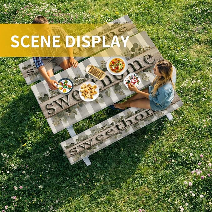 Picnic Table Cover with Bench Covers, 72 X 30 Inch Elastic Fitted Camping Tablecloth with Strap Design for 6FT Rectangle Tables, Windproof Outdoor Tablecloth Set with Storage Bag