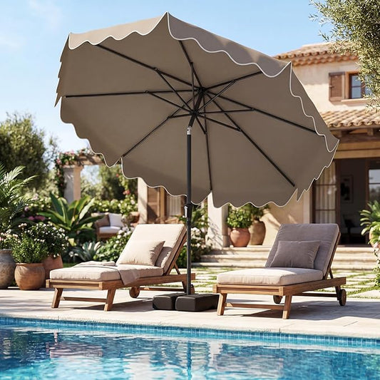 Tangkula 9 FT Patio Umbrella with Base Included, 2-Tiers Outdoor Scalloped Table Umbrella with 2 Sandbags, Tilt Adjustment, Crank, 8 Ribs for Market Backyard Pool Deck Beach Lawn