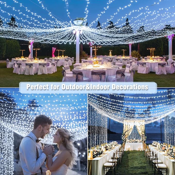 100ft White Christmas Lights Outdoor 300 LED String Lights Indoor Clear Wire Waterproof, 8 Modes Connectable Twinkle Fairy String Lights Plug in for Outside Room Bedroom Party Wedding Decorations