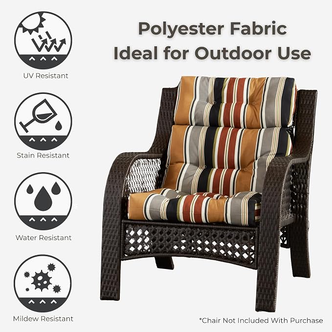 Outdoor Tufted High-Back Chair Cushions, One-Piece Hinged Seat and Back Design, Reversible with 4 Ties, Durable Polyester Fabric, Recycled Fiber Fill - Set of 2, Brick Stripe