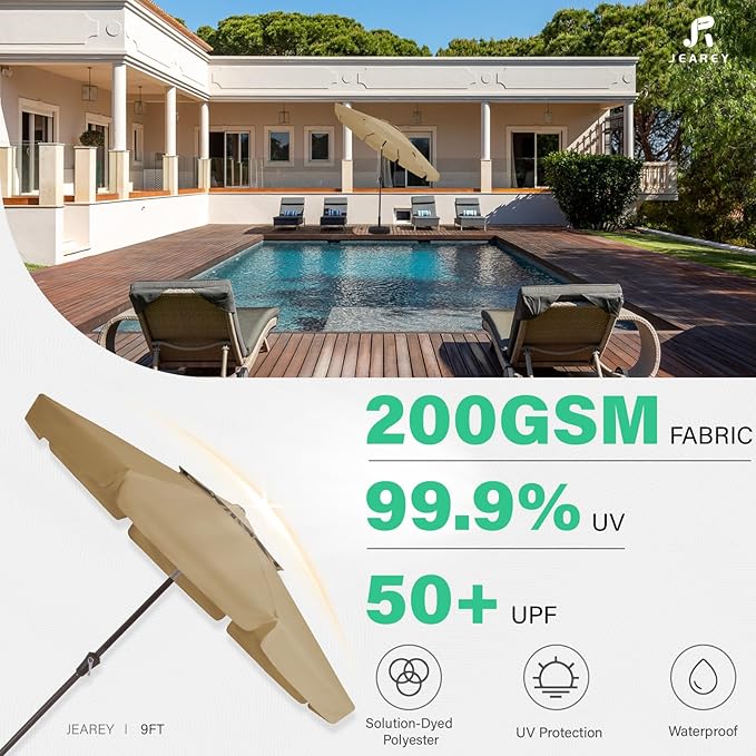JEAREY 9' 2-Tiers Patio Umbrellas Outdoor Market Table Umbrella w/Push Button Tilt/Crank, 8 Sturdy Ribs, UV Protection Waterproof Sunproof(Sand)