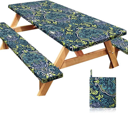 Picnic Table Cover with Bench Covers Windproof Waterproof Picnic Table Covers Camping Tablecloth with Self-Storage Bag, 72in, Boho Blue