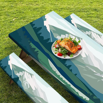 Picnic Table Cover with Bench Covers, Mountain, 3PCS, 72 Inch | 3 Piece full elastic edge camping tablecloth waterproof wipeable RV outdoor patio park essentials with drawstring bag