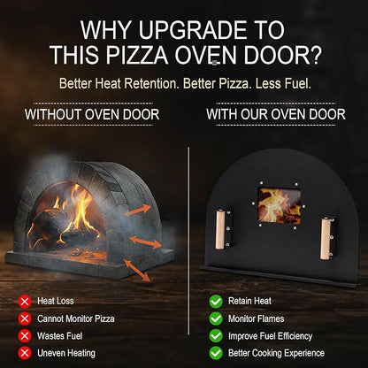 25x20 Inch Pizza Oven Door, Heavy Duty Metal Brick Oven Door | with Large Quartz Viewing Window & Wooden Handles, for DIY Brick Ovens & Outdoor Wood-Fired Cooking