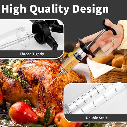 Turkey Meat Injector Syringe Kit with 3 Marinade Needles for BBQ Grill Smoker, 1 Cleaning Brush, 1 Oz/30 ml Large Capacity Injector Marinades for Meats Black