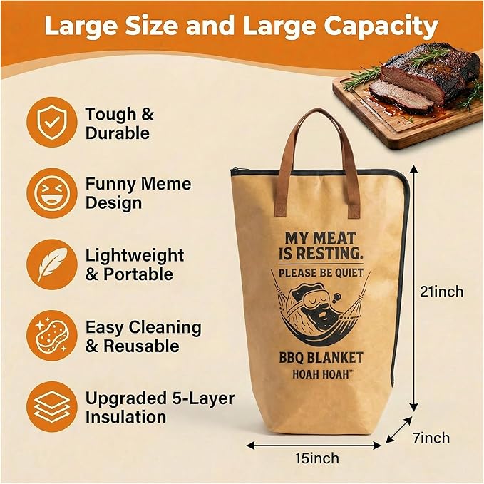 BBQ Blanket for Resting Meat - Fathers Day Dad Birthday Gifts for Men, Him, Husband, Boyfriend - 21” Insulated Smoker Blanket for Brisket, Turkey & Pork Shoulder - Waterproof Tyvek Meat Resting Bag