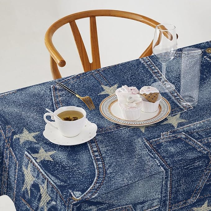 Denim Patchwork Style Tablecloth, Fashionable Blue Denim Jean Pocket Design Water Resistant Wipeable Table Cover for Farmhouse Picnic Party Holiday Kitchen Dinner Table 55"x55"