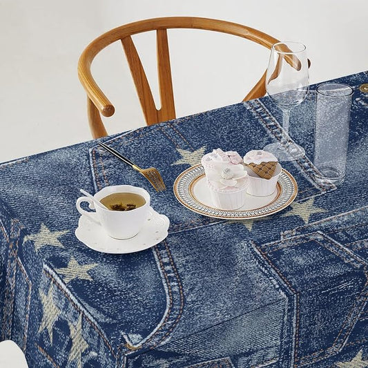 Denim Patchwork Style Tablecloth, Fashionable Blue Denim Jean Pocket Design Water Resistant Wipeable Table Cover for Farmhouse Picnic Party Holiday Kitchen Dinner Table 55"x55"