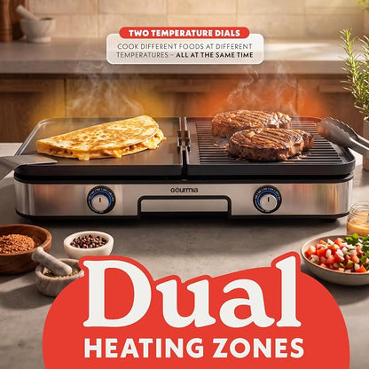 Gourmia 3-in-1 Indoor Grill & Griddle Electric Combo – Dual Independent Cooking Zones, Reversible Nonstick Ceramic Plates, XL Cooking Surface, 250–400°F Adjustable Temp, Dishwasher Safe