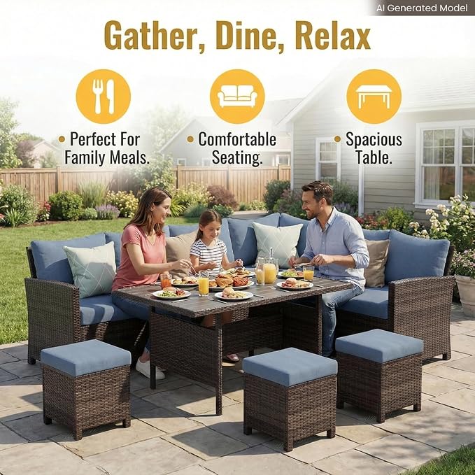 Wisteria Lane 7 Piece Patio Furniture Set, High Curved Back Wicker Patio Sectional, All Weather Outdoor Dining Set, Outdoor Furniture Patio Conversation Set with Ottoman, Blue