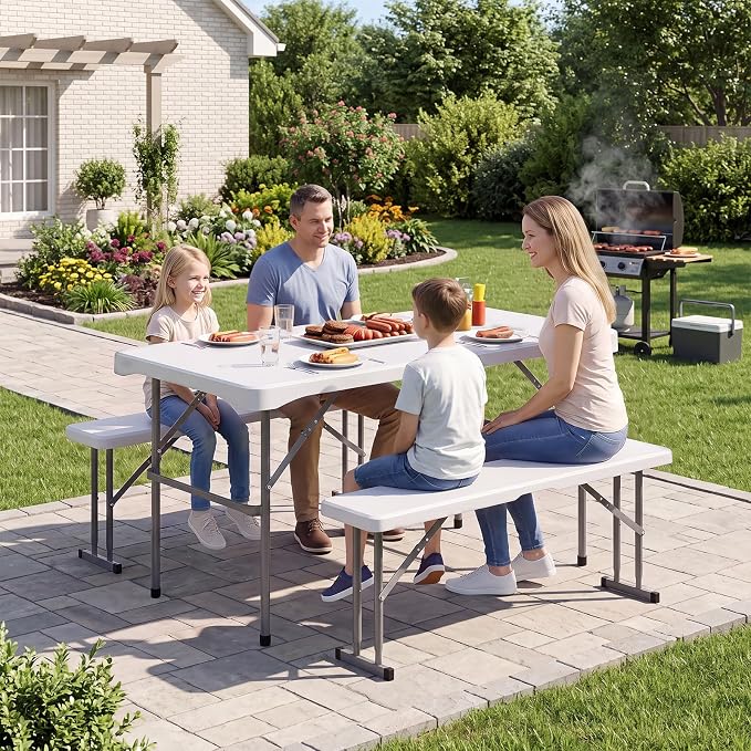 GIANTEX Folding Picnic Table Set w/ 2 Benches, 44" HDPE, White | Foldable Table & Chairs, All Weather Resistant, Space-Saving & Portable for Camping Party Dining BBQ, Large Weight Capacity