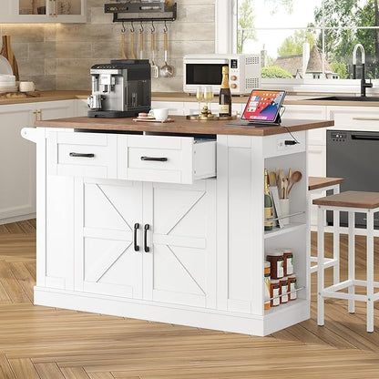 Kitchen Storage Island with 2 Stools, 51.2” Mobile Kitchen Cart with Drop Leaf & Power Outlet, Rolling Island Table Dining Room Buffet with 2 Drawers & Side Storage Rack &Towel Rack, White